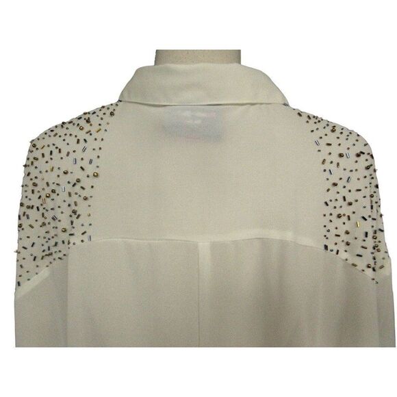 Romeo & Juliet Couture Semi Sheer Beaded Shoulders Hi-Lo Blouse Cream Roomy M - Picture 4 of 10